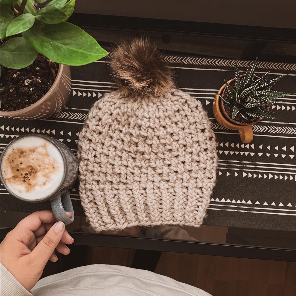 CREAM handmade knit beanie.